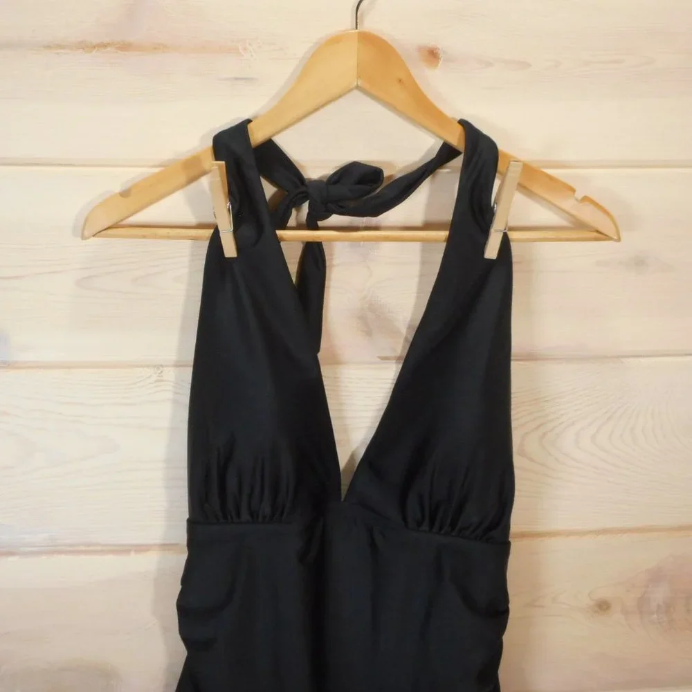 DKNY Women's Size 2XL Halter Shirred Waist One-piece Swimsuit Solid Black NWT - Picture 2 of 6